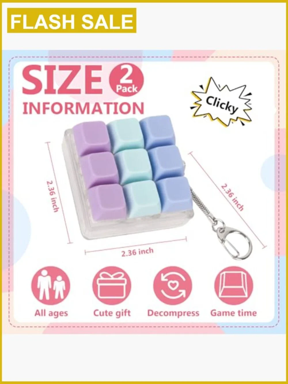 Keyboard Clicker Fidget Toy for Anxiety, 2 Pack Keychain Stress Relief ASMR